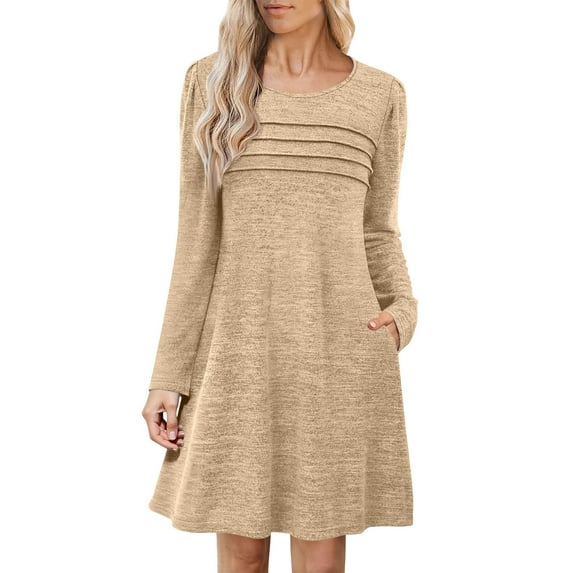 Busydd Dresses for Women Solid Color Round Neck Fall Dresses Fashion Pleated Mini Dress Long Sleeve Comfy Casual Dresses for Women with Pocket S