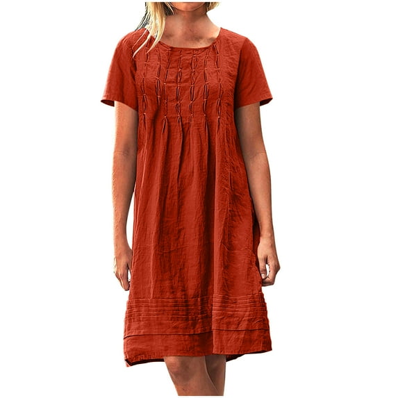 Busydd Dresses for Women Solid Color Short Sleeve Spring Dresses Trendy Round Neck Pleated Summer Dress Casual Comfy Cotton Linen Dress