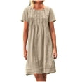 thumbnail image 1 of Busydd Dresses for Women Solid Color Short Sleeve Spring Dresses Trendy Round Neck Pleated Summer Dress Casual Comfy Cotton Linen Dress, 1 of 3