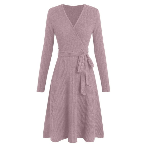 Busydd Dresses for Women Trendy Pleated V Neck Formal Wedding Guest Dress Casual Solid Color Tunic Long Sleeve Dress for Women L