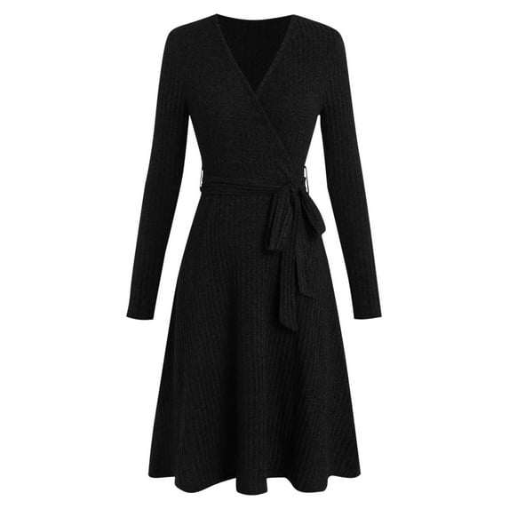 Busydd Dresses for Women Trendy Pleated V Neck Formal Wedding Guest Dress Casual Solid Color Tunic Long Sleeve Dress for Women S
