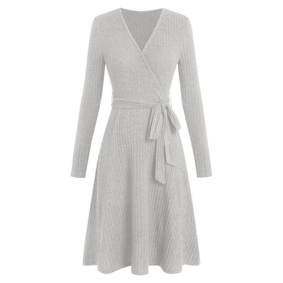 Busydd Dresses for Women Trendy Pleated V Neck Formal Wedding Guest Dress Casual Solid Color Tunic Long Sleeve Dress for Women S