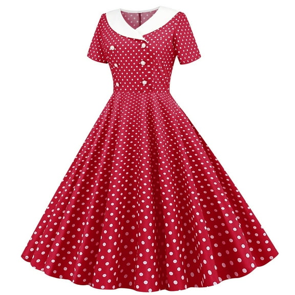 Busydd Dresses for Women Trendy Polka Print Short Sleeve Prom Dress Comfy Button Tunic Cocktail Dresses for Women A-Line Tea Party Dress