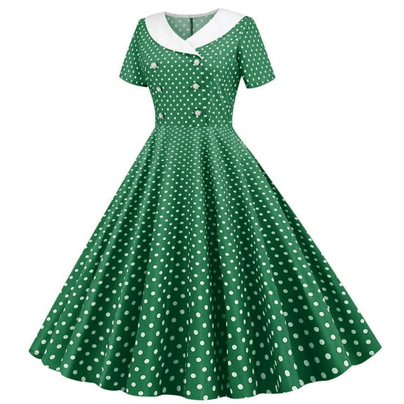 Busydd Dresses for Women Trendy Polka Print Short Sleeve Prom Dress Comfy Button Tunic Cocktail Dresses for Women A-Line Tea Party Dress