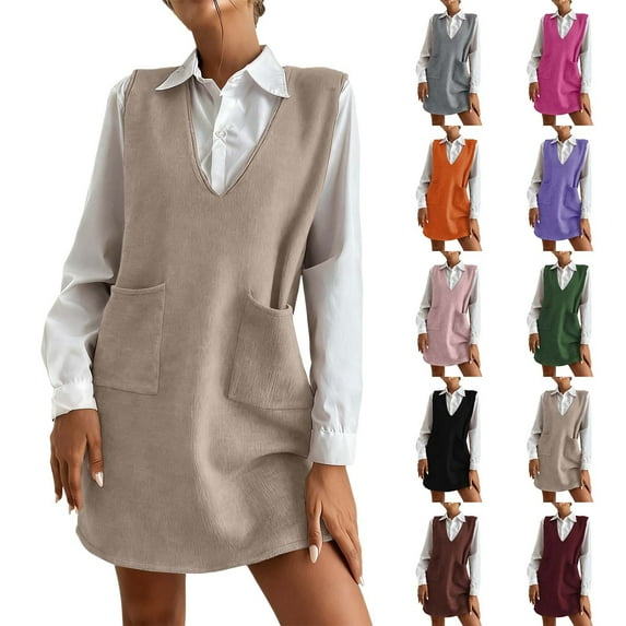 Busydd Dresses for Women Trendy Sleeveless Knit Cotton Sweater Dress Casual Solid Color V Neck Fall Dresses with Pockets S