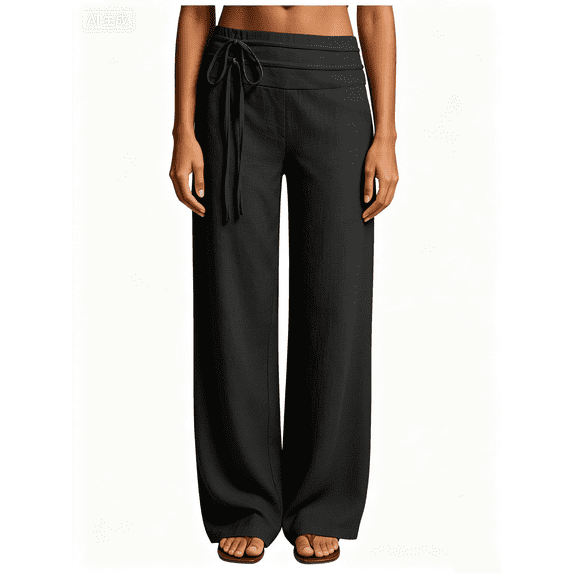 Busydd Elastic Waist Pants for Women with Side Pockets Solid Color Straight Leg Casual Linen Pants Women L