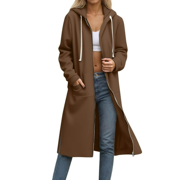 Busydd Fall Jackets for Women 2025 Solid Color Drawstring Zip Up Hoodie Casual Comfy Long Sleeve Fall Shirts Side Slit Long Trench Coats with Pockets L