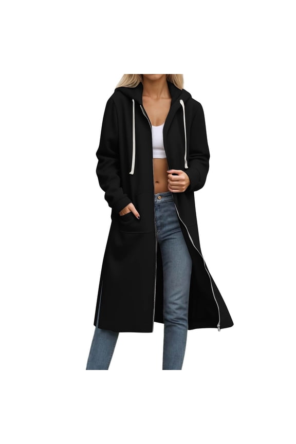 Fall Jackets for Women Solid Color Drawstring Zip Up Hoodie Casual Comfy Long Sleeve Fall Shirts Side Slit Long Trench Coats with Pockets S