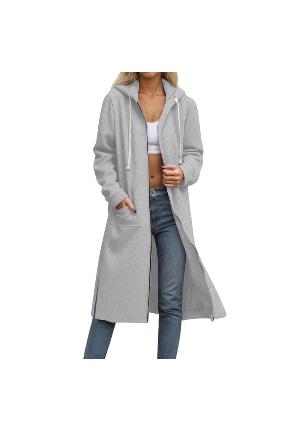 Fall Jackets for Women Solid Color Drawstring Zip Up Hoodie Casual Comfy Long Sleeve Fall Shirts Side Slit Long Trench Coats with Pockets S