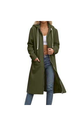 Fall Jackets for Women Solid Color Drawstring Zip Up Hoodie Casual Comfy Long Sleeve Fall Shirts Side Slit Long Trench Coats with Pockets S