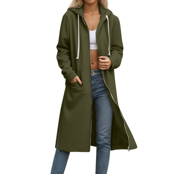 Busydd Fall Jackets for Women 2025 Solid Color Drawstring Zip Up Hoodie Casual Comfy Long Sleeve Fall Shirts Side Slit Long Trench Coats with Pockets S