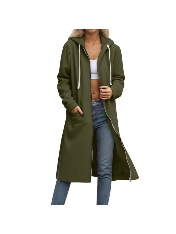 Fall Jackets for Women Solid Color Drawstring Zip Up Hoodie Casual Comfy Long Sleeve Fall Shirts Side Slit Long Trench Coats with Pockets S