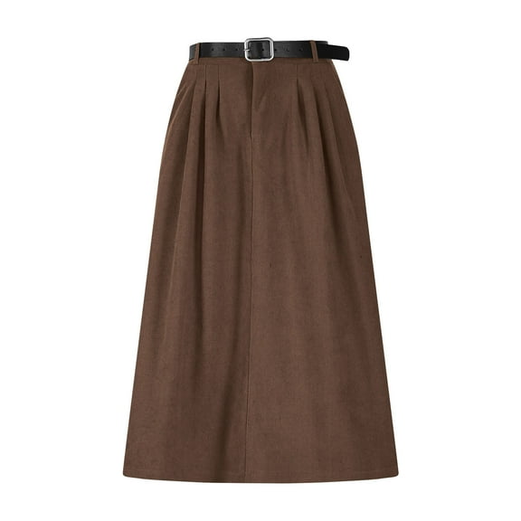 Busydd Fall Skirts for Women Trendy Solid Color Cotton Womens Maxi Skirt Casual Flowy Womens Long Skirt with Belt L