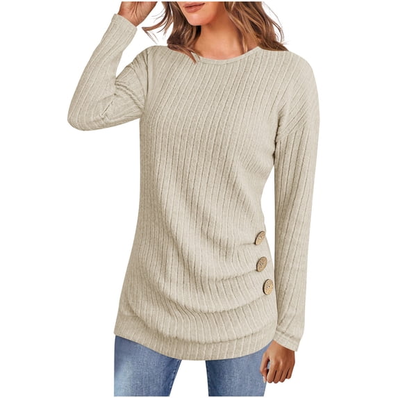 Busydd Fall Sweaters for Women 2025 Trendy Solid Color Knit Ribbed Womens Sweaters Comfortable Round Neck Long Sleeve Pullover Sweaters for Women