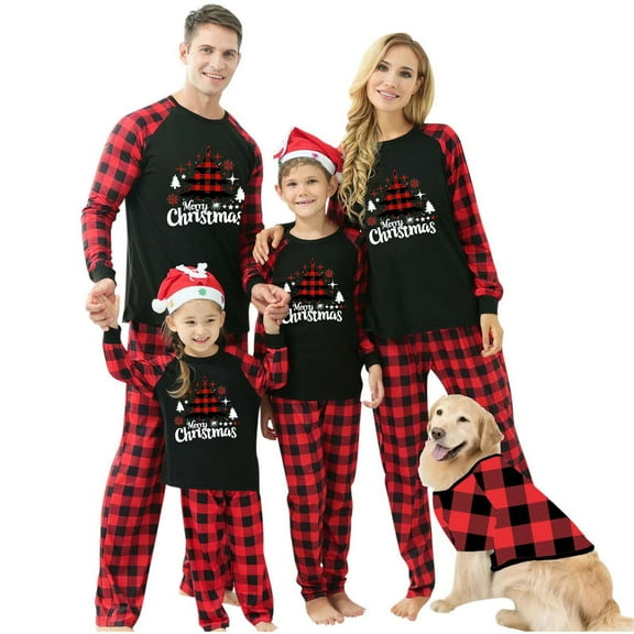 Busydd Family Christmas Pajamas with Dog Fashion Print Xmas Pajamas Matching Sets Long Sleeve Round Neck Tee Tops Pants Family Matching Outfits for Men/Women/Kids