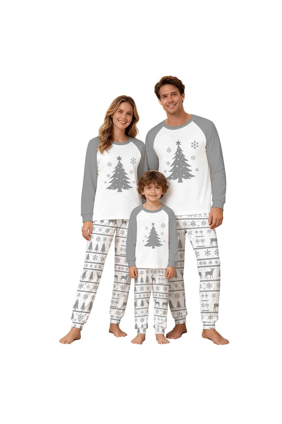 Family Christmas Pajamas Matching Sets Fashion Long Sleeve Holiday Print Christmas Pjs Casual Round Neck Tops and Pockets Pants Christmas Family Pajamas Sleepwear