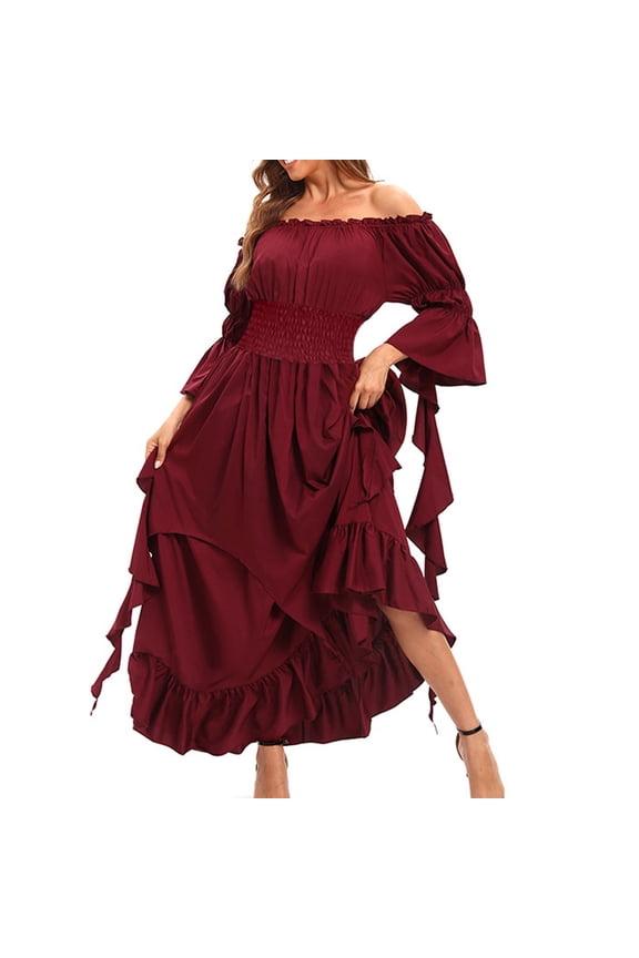 Fashion Women's Spring/Summer Solid Court Long Sleeve Round-Neck Dress XL