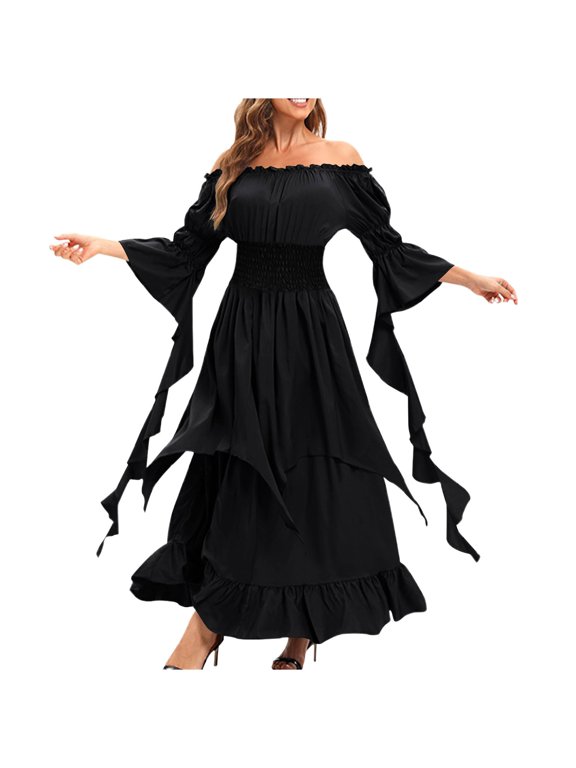 Fashion Women's Spring/Summer Solid Court Long Sleeve Round-Neck Dress XL