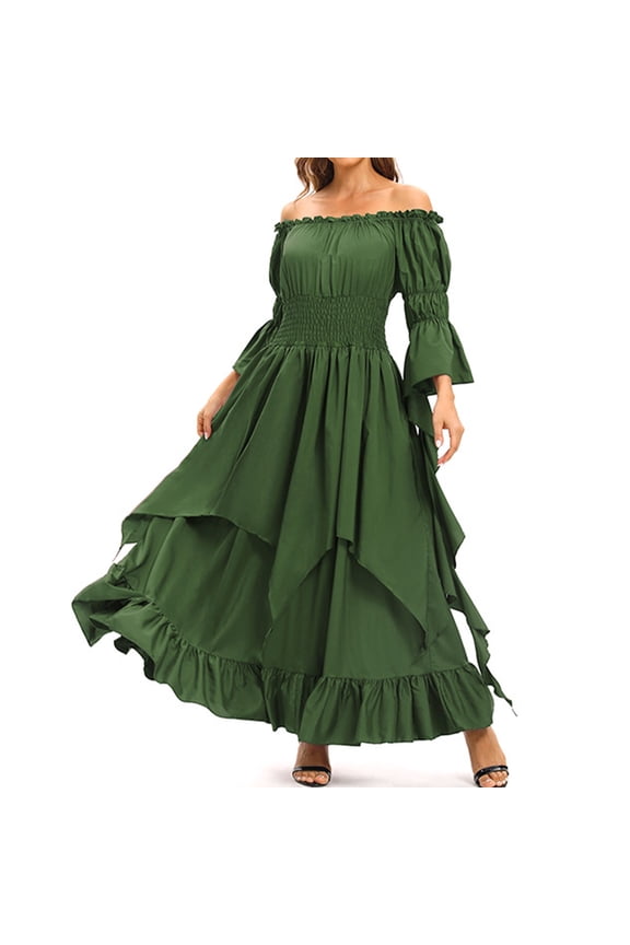 Fashion Women's Spring/Summer Solid Court Long Sleeve Round-Neck Dress XL