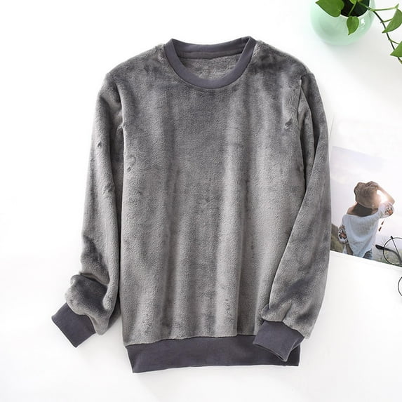 Busydd Flannel Pajamas for Men Solid Color Round Neck Fleece Pajamas Tops Casual Comfy Warm Men's Sleepwear 2XL