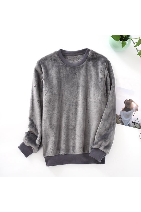 Flannel Pajamas for Men Solid Color Round Neck Fleece Pajamas Tops Casual Comfy Warm Men's Sleepwear 2XL