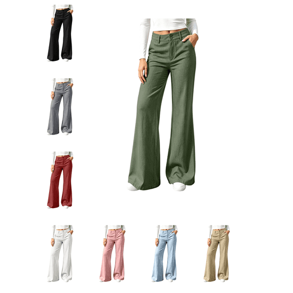 Busydd Flare Pants for Women Trendy Casual High Waisted Wide Leg Pants Solid Color Two Button Front Dress Trousers with Side Pockets M