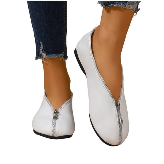 Busydd Flats for Women Trendy Round Toe Zipper Slip on Shoes Women Casual Comfortable Solid Color Women Shoes 7.5
