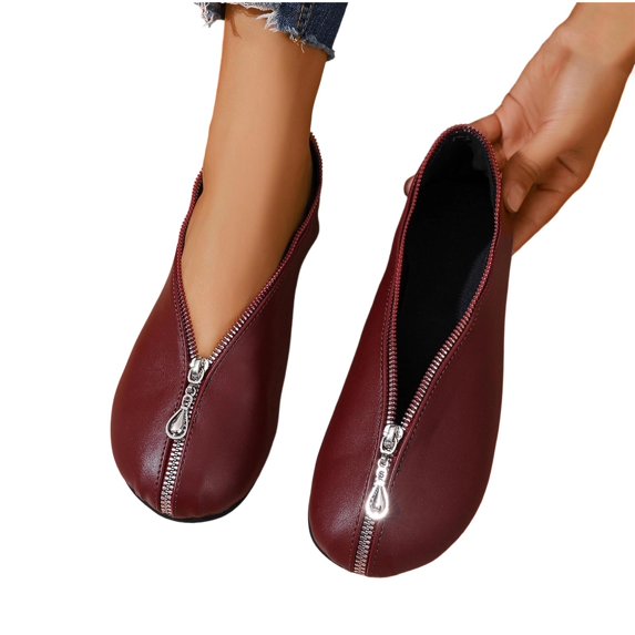 Busydd Flats for Women Trendy Round Toe Zipper Slip on Shoes Women Casual Comfortable Solid Color Women Shoes 7