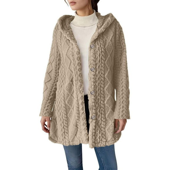 Busydd Fleece Jacket Women Casual Comfy Solid Color Hooded Cardigans for Women Trendy Long Sleeve Button Winter Jackets for Women M