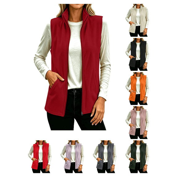 Busydd Fleece Vest Women Fashion Zip Up Sleeveless Stand Collar Fall Vest Casual Comfortable Solid Color Outerwear Vests with Pockets