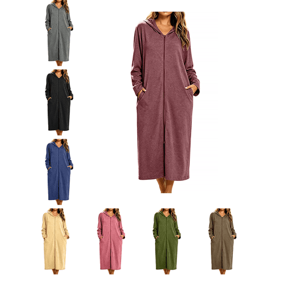 Busydd Full Zip Nightgown for Women Casual Comfy Solid Color Long Sleeve Dress Fashion Loose Hooded Nightdress with Pockets L