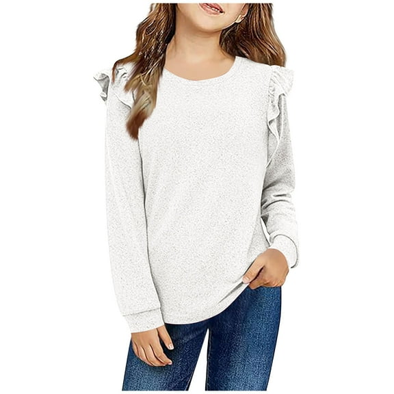 Busydd Girl Clothes 4-12 Years Casual Solid Color Long Sleeve Shirts for Girls Spring Summer Little Girls Tops Fashion Comfy Ruffle Round Neck Girls' Tee Shirts