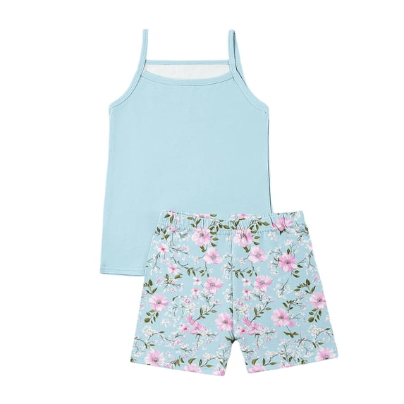 Busydd Girls 2 Piece Sets 4-15 Years Casual Summer Breathable Matching Outfits Solid Color Tank Tops and Floral Print Shorts 11-12 Years
