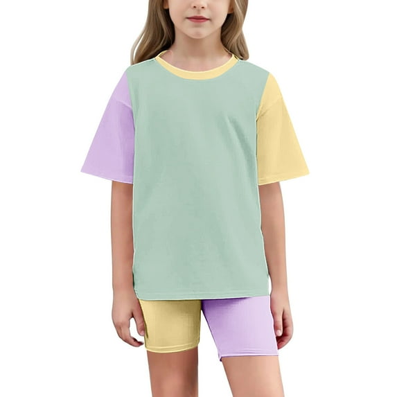 Busydd Girls 2 Piece Sets 5-15 Years Fashion Color Block Girls Summer Workout Sets Round Neck Short Sleeve Athletic Tops and Yoga Shorts 2 Piece Sets Teen Girl Clothes