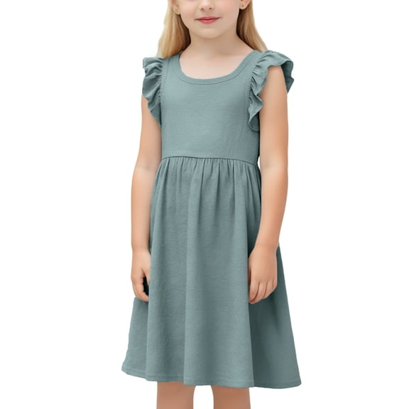 Busydd Girls Dress 1-7 Years Fashion Round Neck Puff Sleeves Spring Dresses for Girls Casual Comfy Breathable Solid Color Cotton Linen Toddler Dress