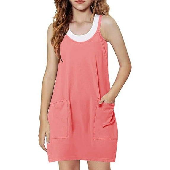 Busydd Girls Dresses with Lined Shorts 5-15 Years Trendy Casual Solid Color Toddler Teen Girl Clothes One Piece Skirted Jumpsuits Summer Spaghetti Straps Dresses for Girls with Pockets