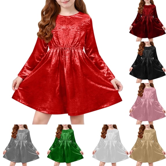 Busydd Girls Fall Dresses 4-12 Years Fashion Solid Color Shiny Girls Long Sleeve Dress Casual Round Neck Party Performance Dress for Girls 9 Years