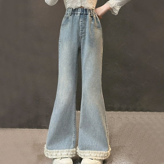 Busydd Girls' Jeans 5-15 Years Fashion Casual Little Girls Clothes Comfortable Button Zipper Teen Girl Clothes Jeans with Pockets 7 Years