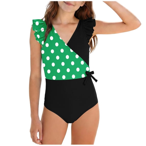 Busydd Girls One Piece Swimsuits with Built in Bra 7-16 Years Trendy Ruffle V Neck Girls' Swimwear Summer Beach Polka Dot Bathing Suit 15-16 Years