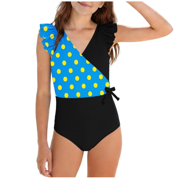 Busydd Girls One Piece Swimsuits with Built in Bra 7-16 Years Trendy Ruffle V Neck Girls' Swimwear Summer Beach Polka Dot Bathing Suit 7-8 Years