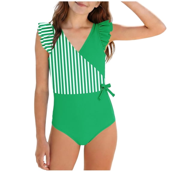 Busydd Girls One Piece Swimsuits with Built in Bra 7-16 Years Trendy Ruffle V Neck Girls' Swimwear Summer Beach Striped Bathing Suit 15-16 Years