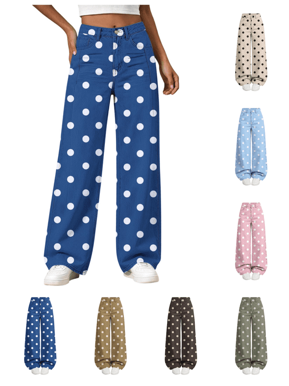Girls Pants 5-14 Years Trendy Polka Dot Print Wide Leg Pants Casual Baggy Button Closure Teen Girl Clothes with Pockets