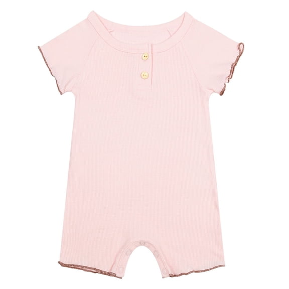 Busydd Girls Romper Casual Short Sleeve Round Neck Baby Rompers Comfortable Cotton Solid Color Button Boy Clothes 0-6 Months