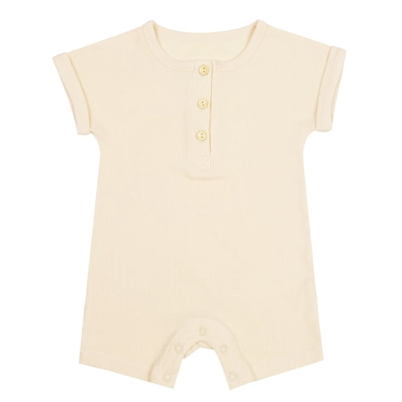 Busydd Girls Romper Casual Short Sleeve Round Neck Baby Rompers Comfortable Cotton Solid Color Button Boy Clothes 0-6 Months