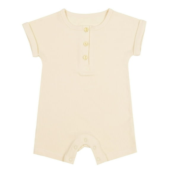 Busydd Girls Romper Casual Short Sleeve Round Neck Baby Rompers Comfortable Cotton Solid Color Button Boy Clothes 6-9 Months