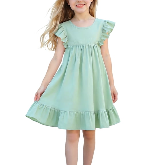 Busydd Girls Spring Dress 1-7 Years Trendy Puff Sleeves Round Neck Tiered Little Girls Clothes Casual Comfy Solid Color Cotton Linen Girls Summer Outfits