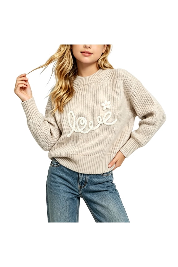 Girls Sweater 0-3 Years Fashion Love Knit Sweater Casual Crew Neck Long Sleeve Pullover Sweaters 0-1 Years