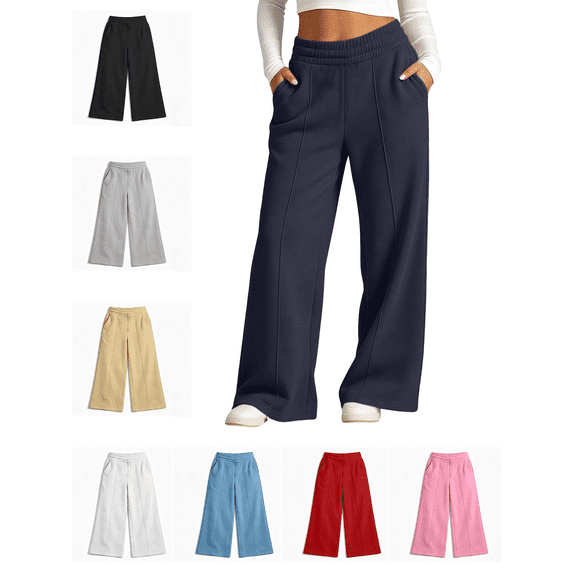 Busydd Girls Sweatpants 5-15 Years Casual Baggy Solid Color Wide Leg Sweatpants Elastic Waist Side Pockets Lounge Pants 5-6 Years
