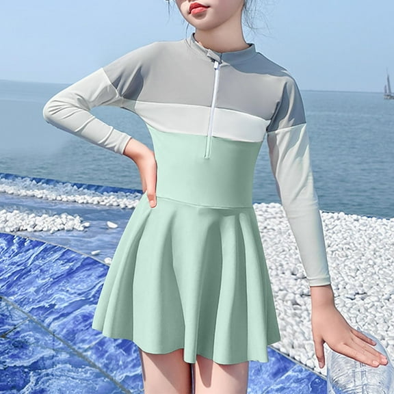 Busydd Girls' Swimwear 2-12 Years Color Block Zipper Long Sleeve Swim Dress Summer Toddler Tween Girls Swimsuits
