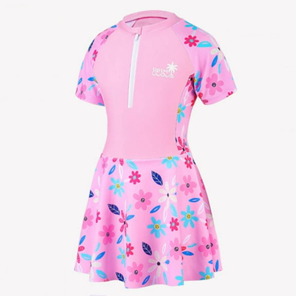 Busydd Girls' Swimwear 6-12 Years Trendy Floral Print Short Sleeve Skirted Swim Dress Summer Round Neck Zipper Little Tween Girls Swimsuits
